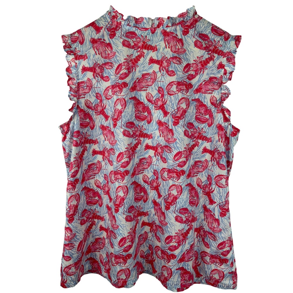Talbots Lobster Sleeveless Cotton Blouse Large Coastal Nautical Ruffle Neck - Picture 3 of 9